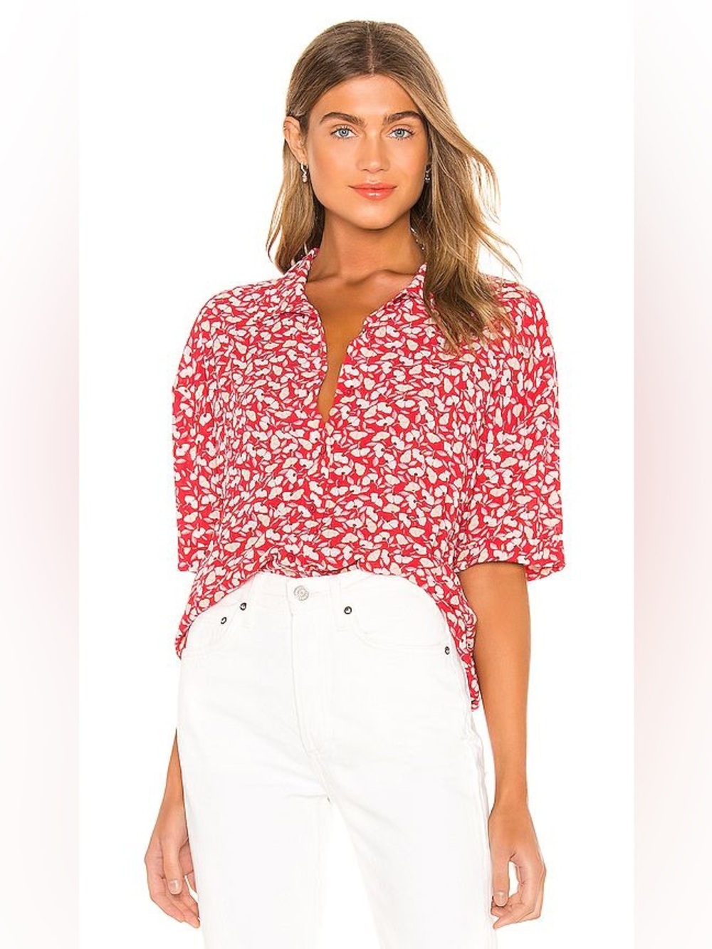 Amuse Society Medium Miaou Red Floral Button Down Blouse Shirt Boho Resort Beach